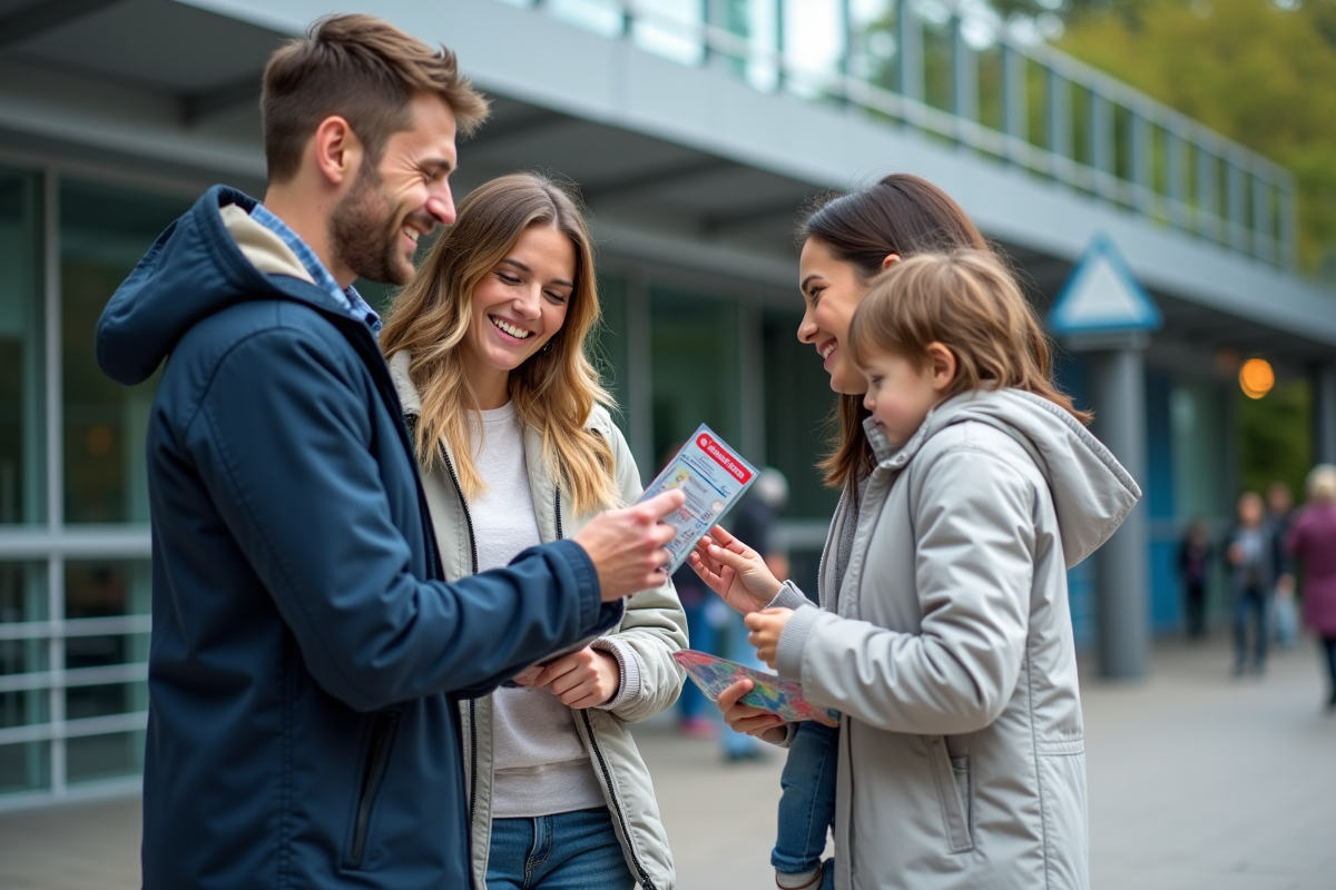 Jeune famille souriante devant l'entrée de Futuroscope