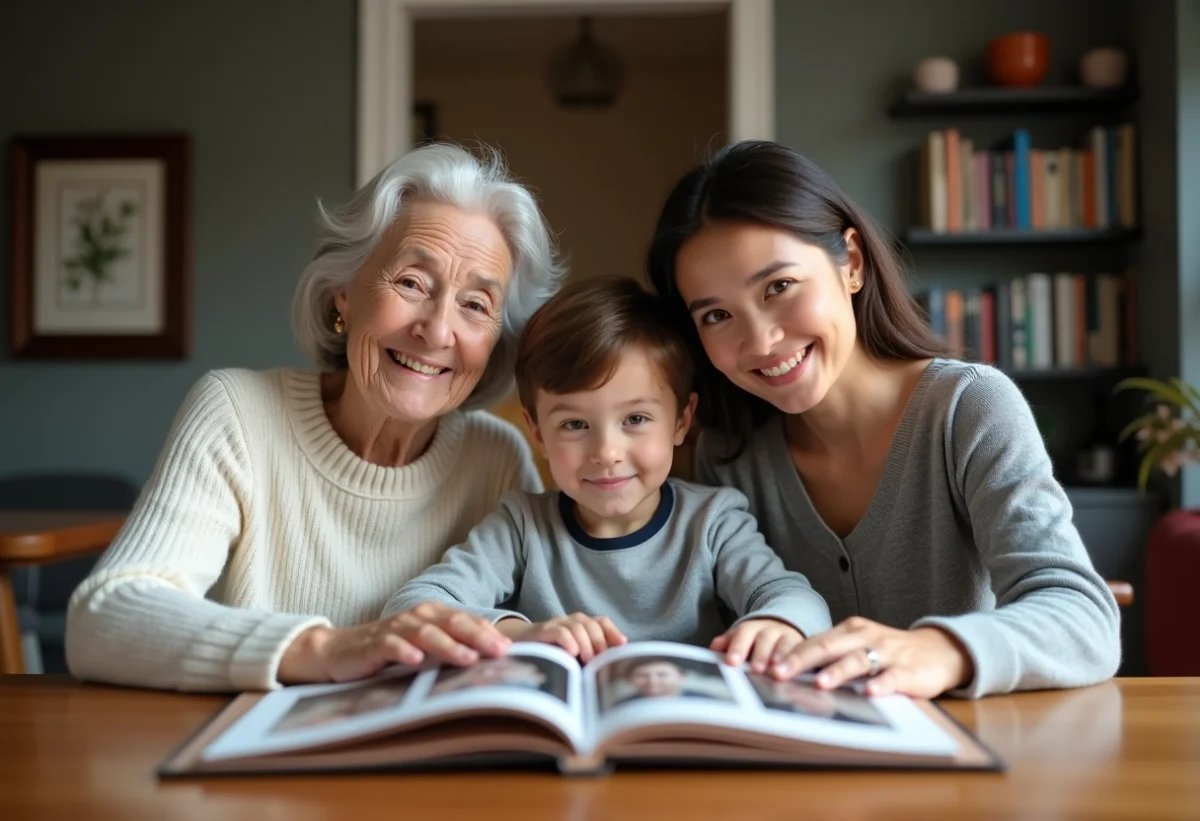 Trois générations de famille autour d'un album photo