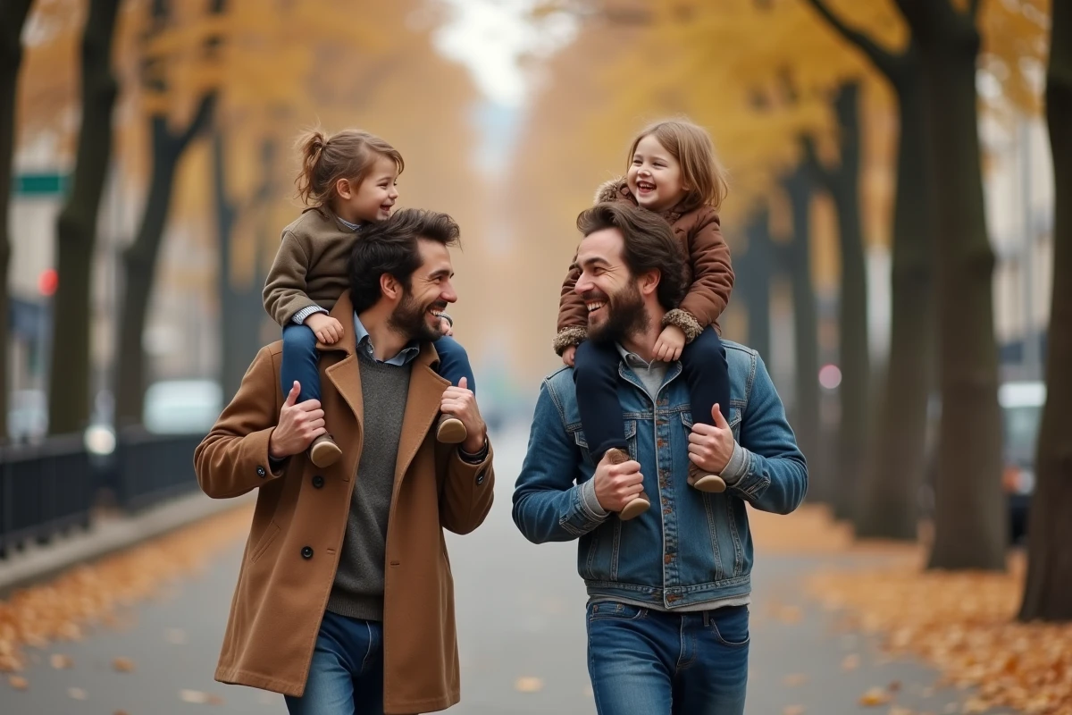 Famille homoparentale se promenant sur un boulevard parisien en automne, deux pères et leur enfant dans une ambiance chaleureuse et authentique