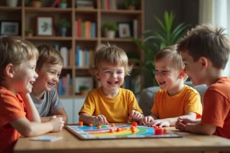 Famille jouant à un jeu de société dans un salon chaleureux