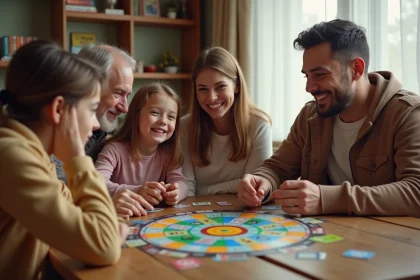 Famille jouant à Bonne Paye autour d'une table en bois avec le plateau de jeu ouvert et les billets de jeu étalés