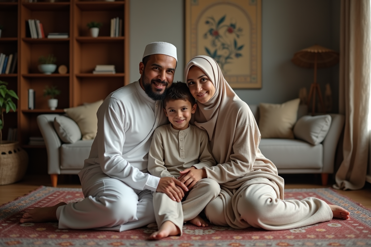 Couple musulman et enfant dans un intérieur chaleureux