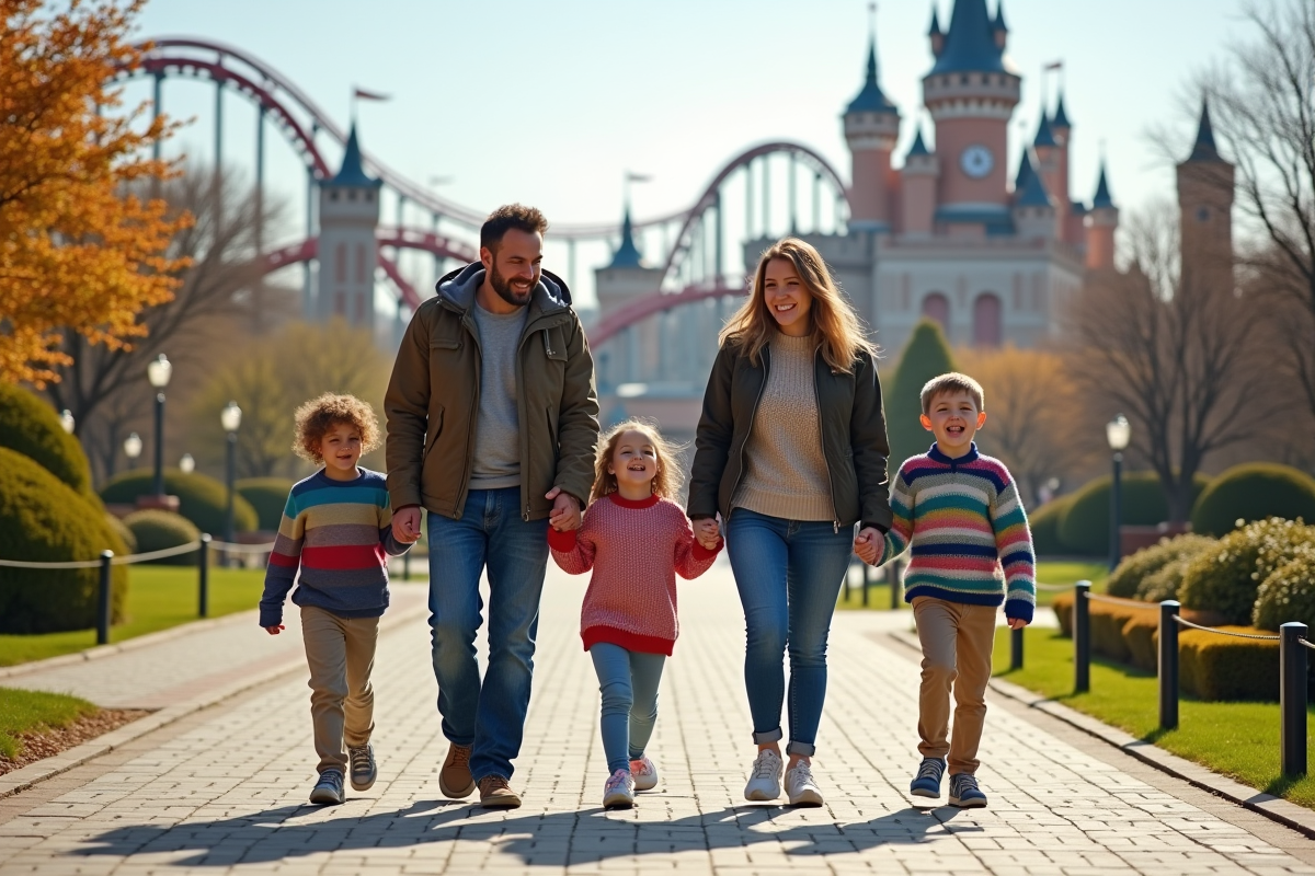 Famille souriante dans un parc d'attractions européen