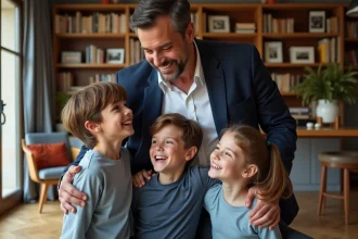 Famille souriante dans un salon parisien chaleureux