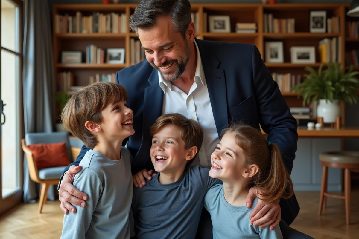 Famille souriante dans un salon parisien chaleureux