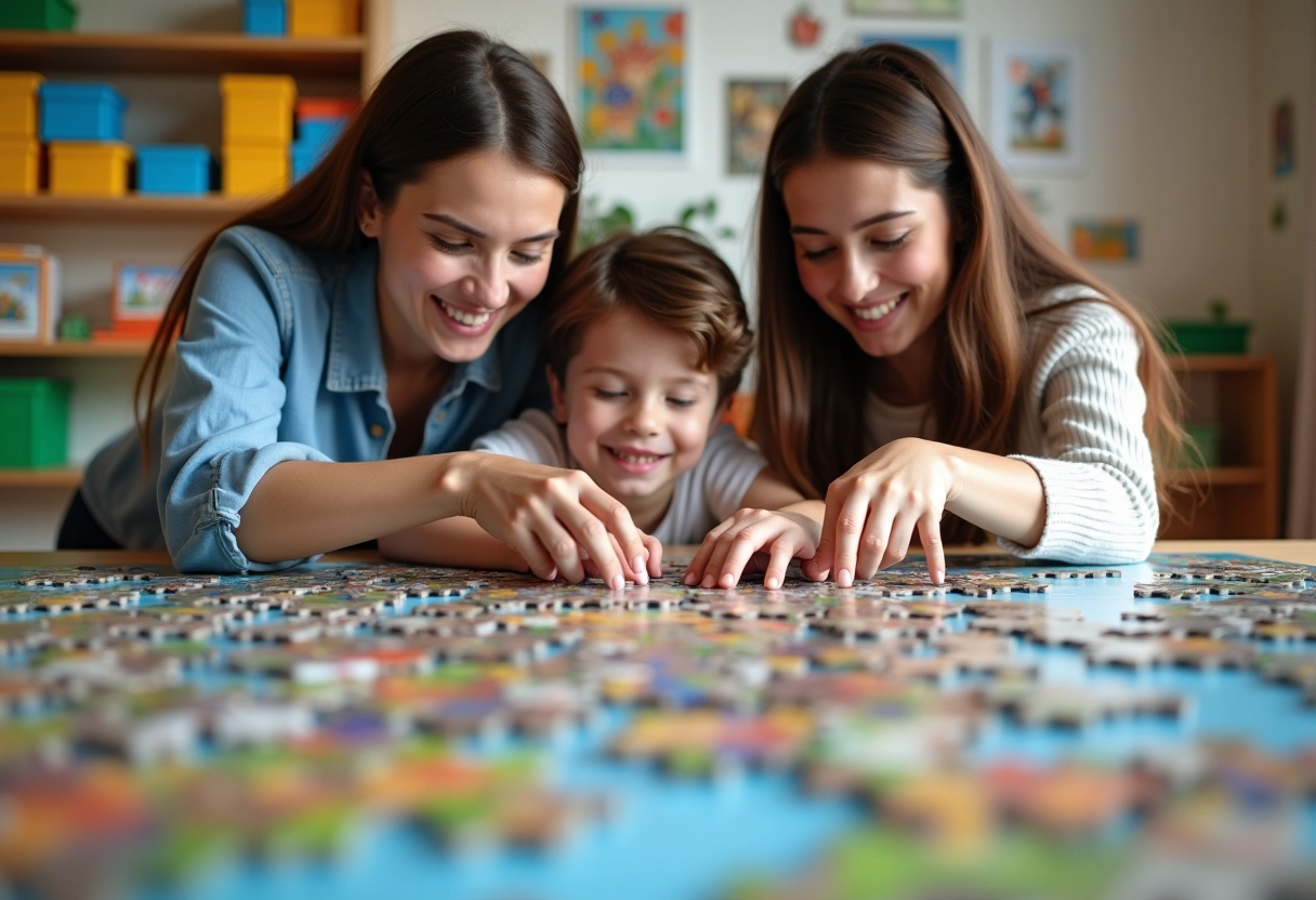 Famille de trois personnes collaborant sur un puzzle géant