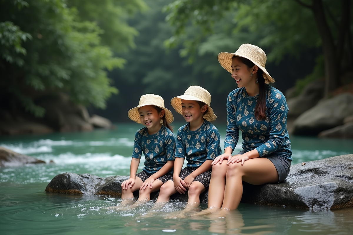 Famille assise sur des rochers au bord d