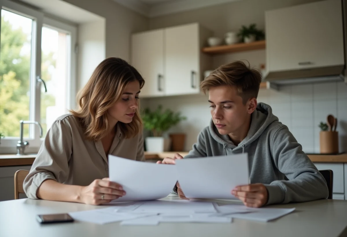 Femme et adolescent discutent à la cuisine