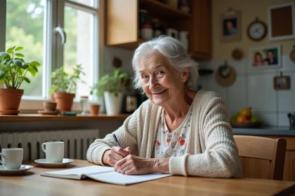 Femme &acirc;g&eacute;e &eacute;crivant un po&egrave;me dans un journal cosy