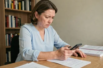 Femme composant le numéro d'une assistante sociale sur son smartphone depuis son bureau à domicile