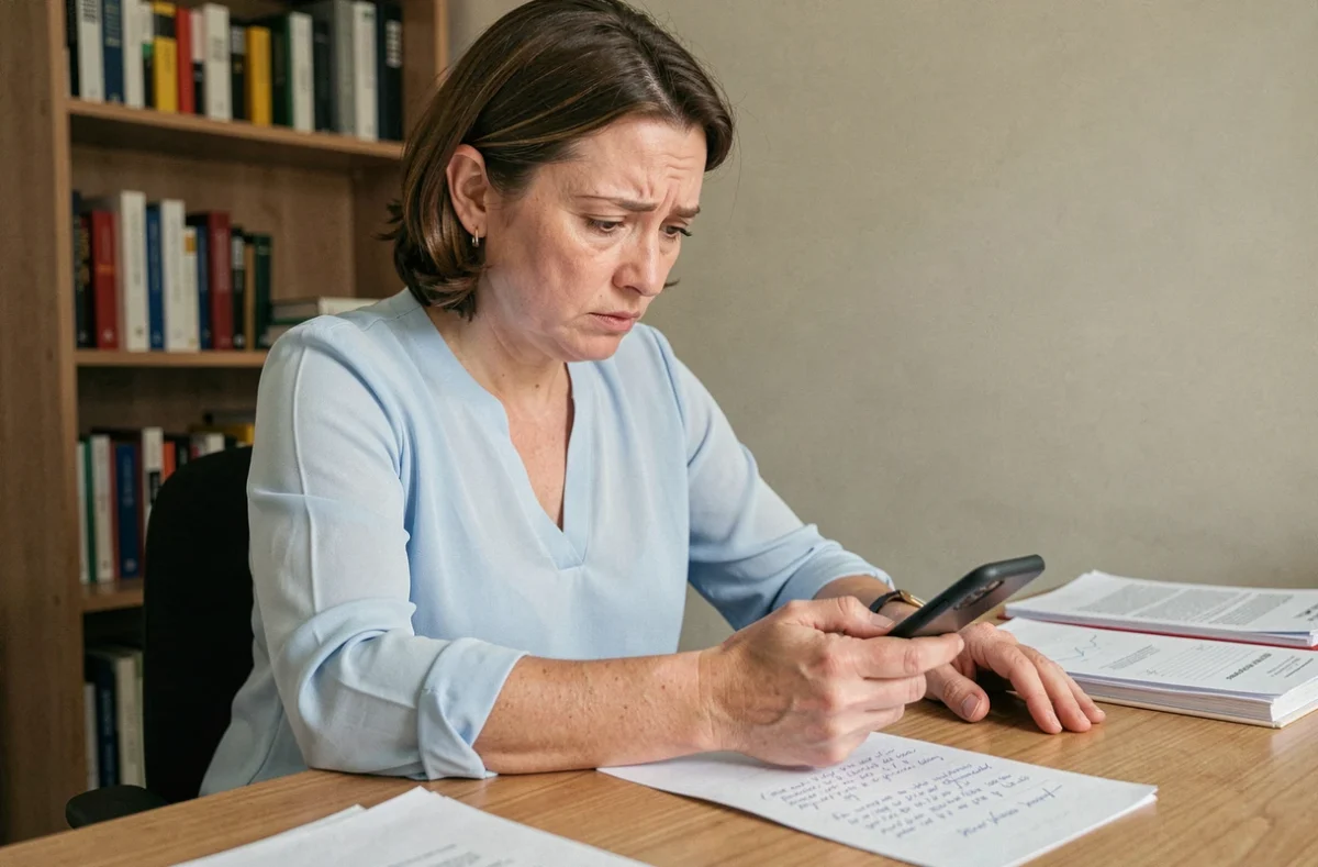 Femme composant le numéro d'une assistante sociale sur son smartphone depuis son bureau à domicile