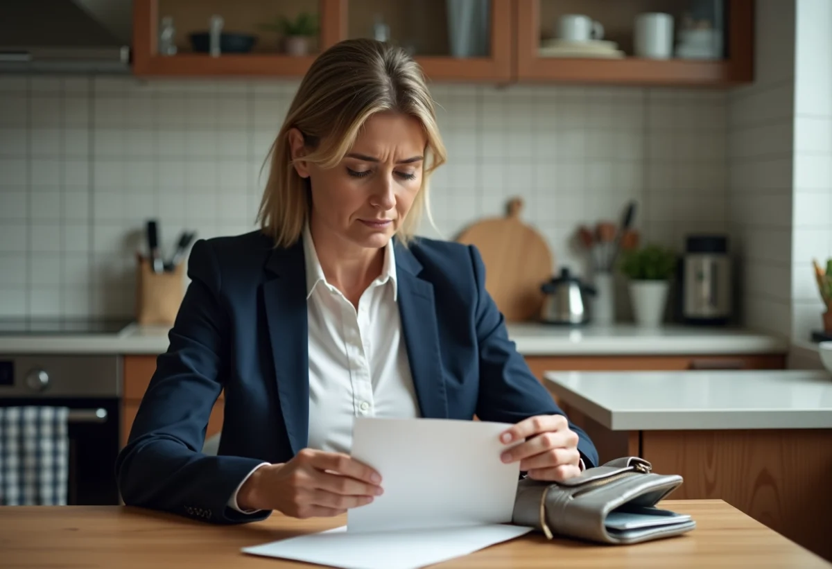 Femme d'une quarantaine place discrètement des euros dans une enveloppe dans la cuisine
