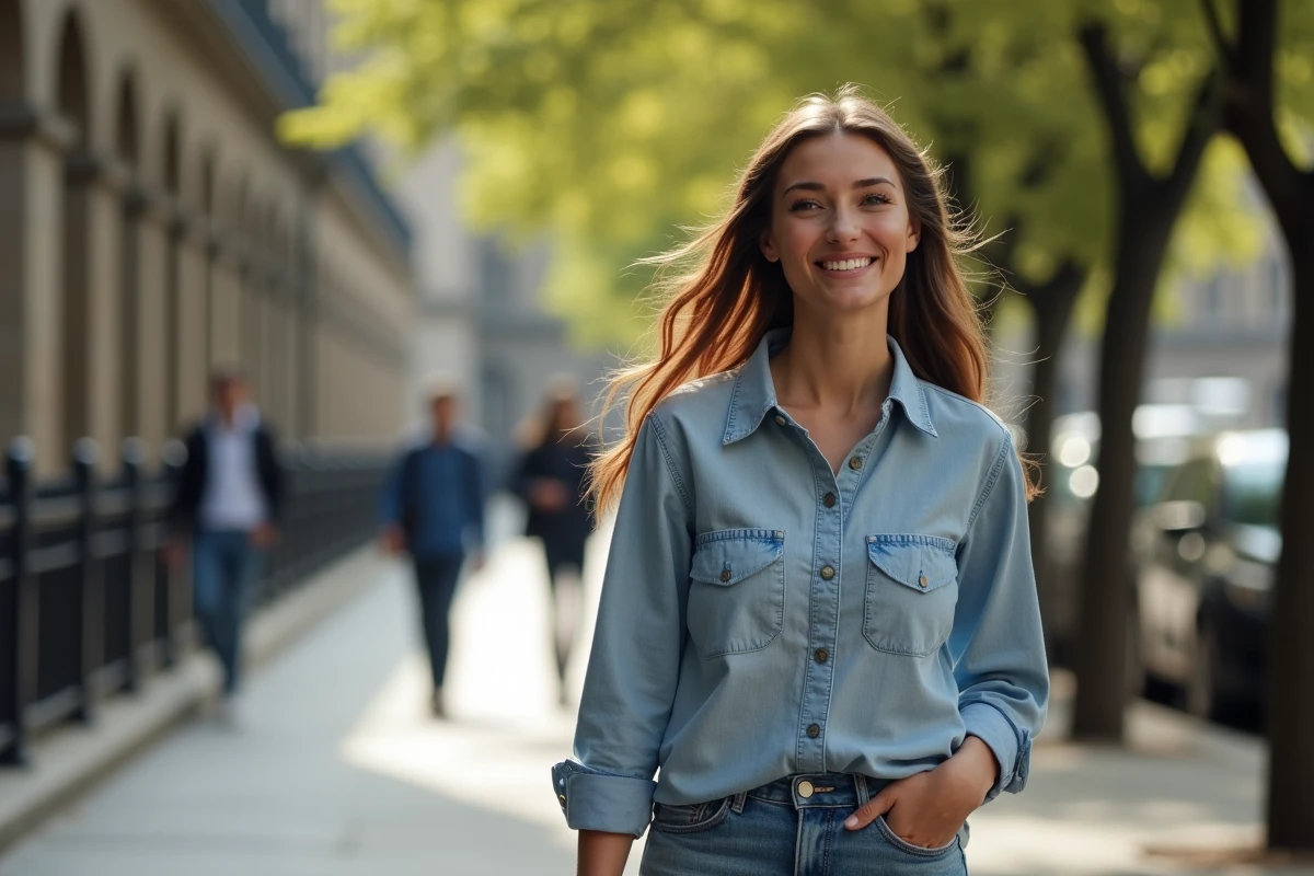 Jeune femme marchant dans une rue piétonne en ville