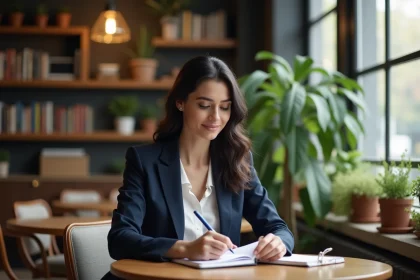 Femme en blazer lisant un carnet dans un caf&eacute; lumineux