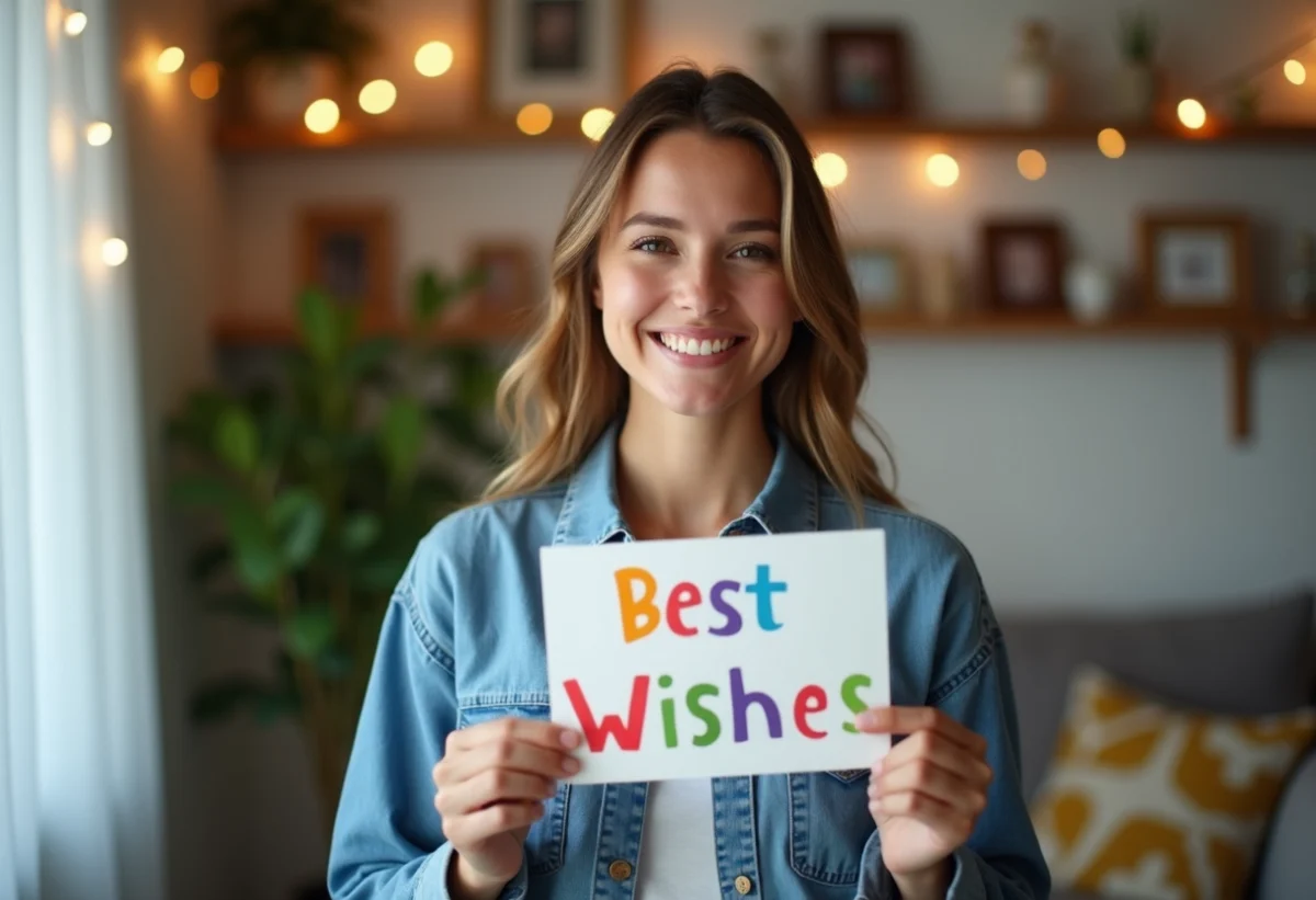 Jeune femme souriante tenant une carte de vœux dans un salon chaleureux