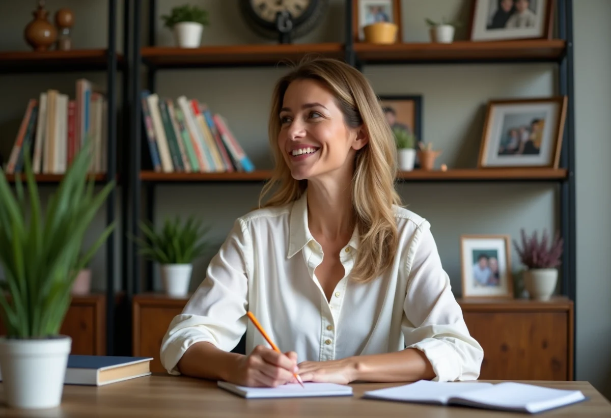 Femme souriante écrivant dans un bureau à domicile chaleureux