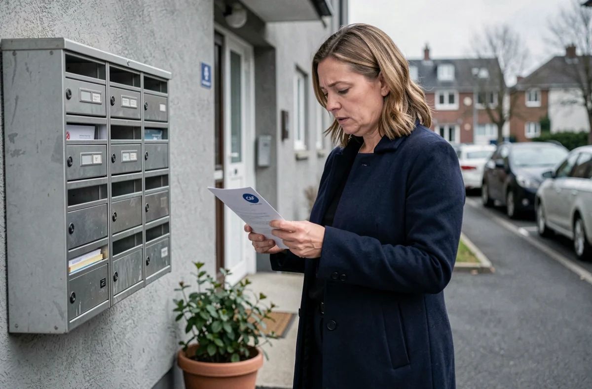 Femme lisant un courrier officiel de la CAF devant les boîtes aux lettres de son immeuble