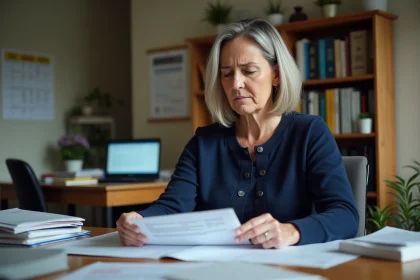 Femme lisant un courrier officiel de la CAF à son bureau à domicile, entourée de documents administratifs