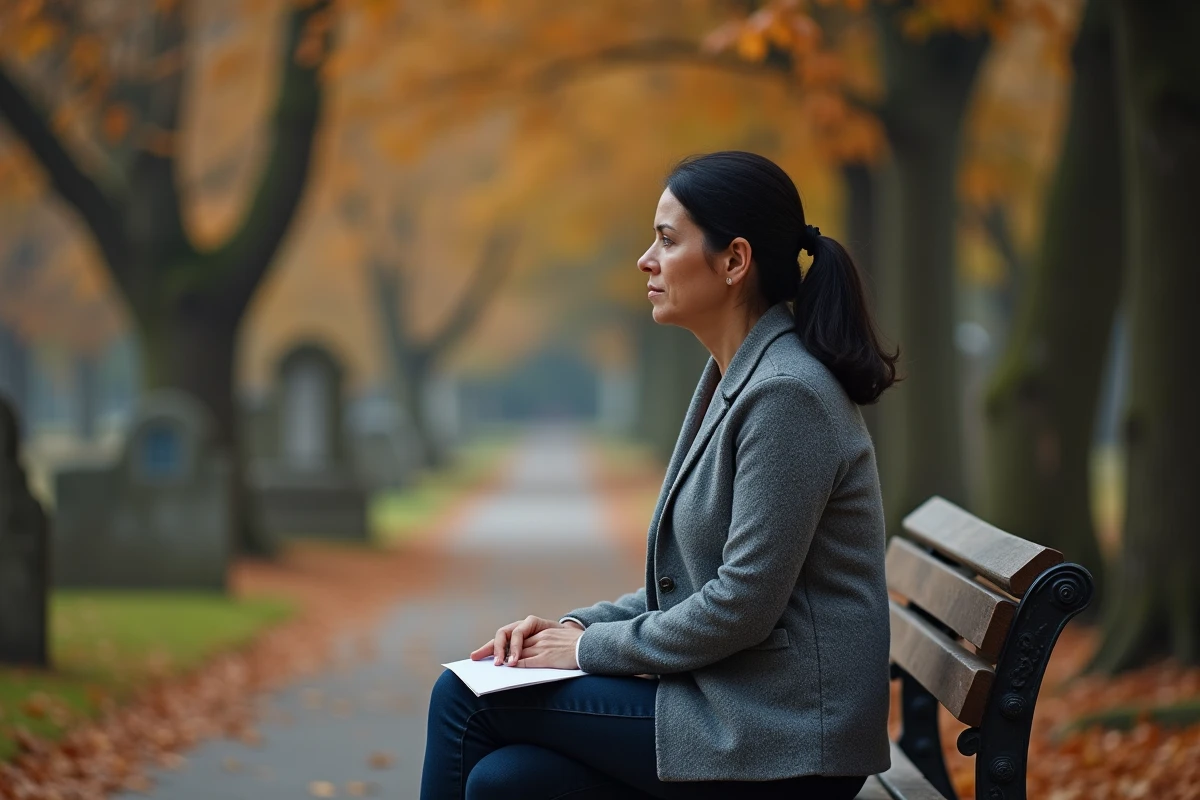 Femme en deuil assise seule dans un cimetière en automne tenant un poème écrit pour sa mère décédée