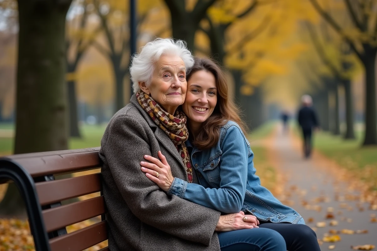 Femme &acirc;g&eacute;e et fille partageant un moment dans le parc