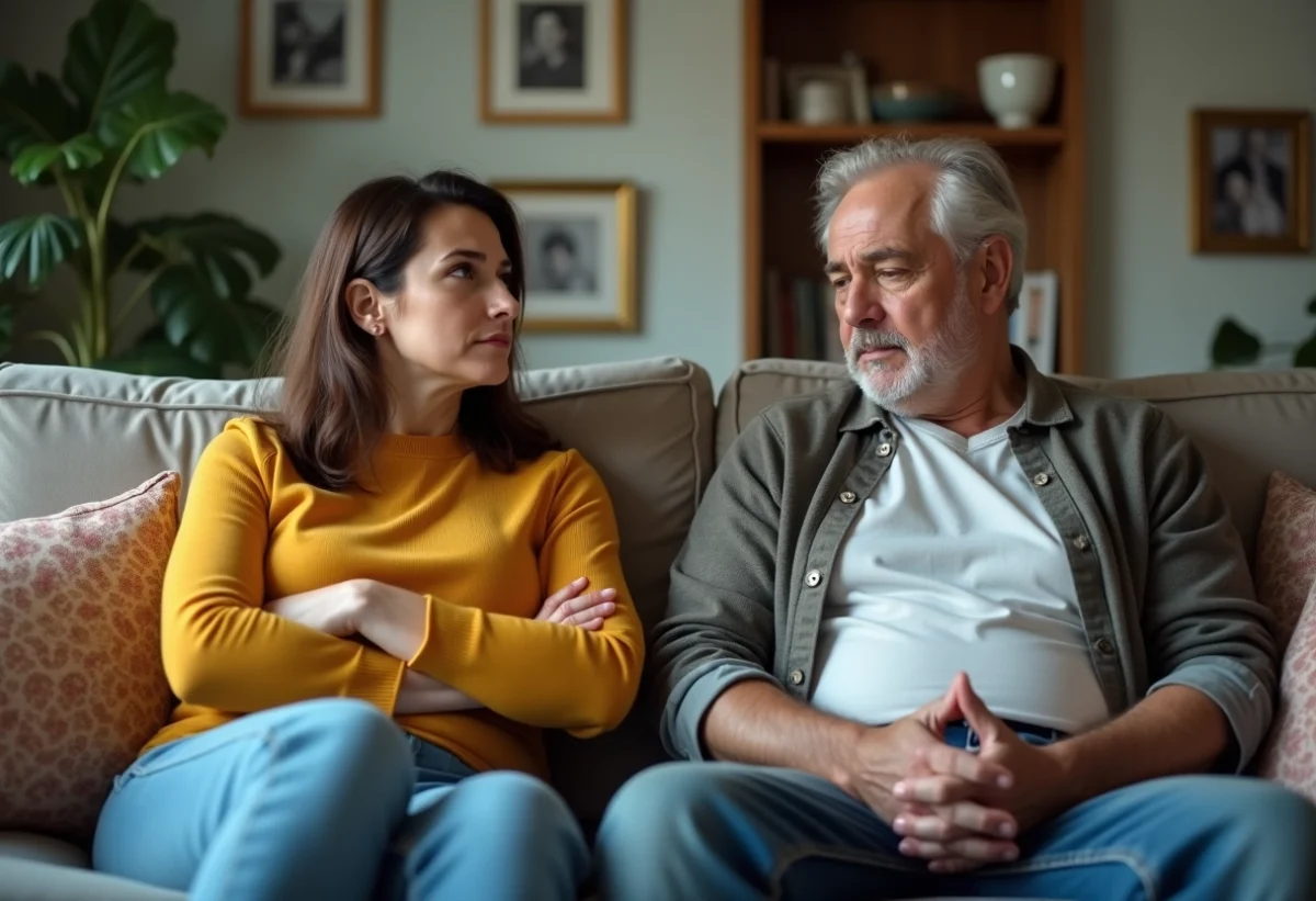 Femme d'âge moyen et homme âgé sur un canapé familial