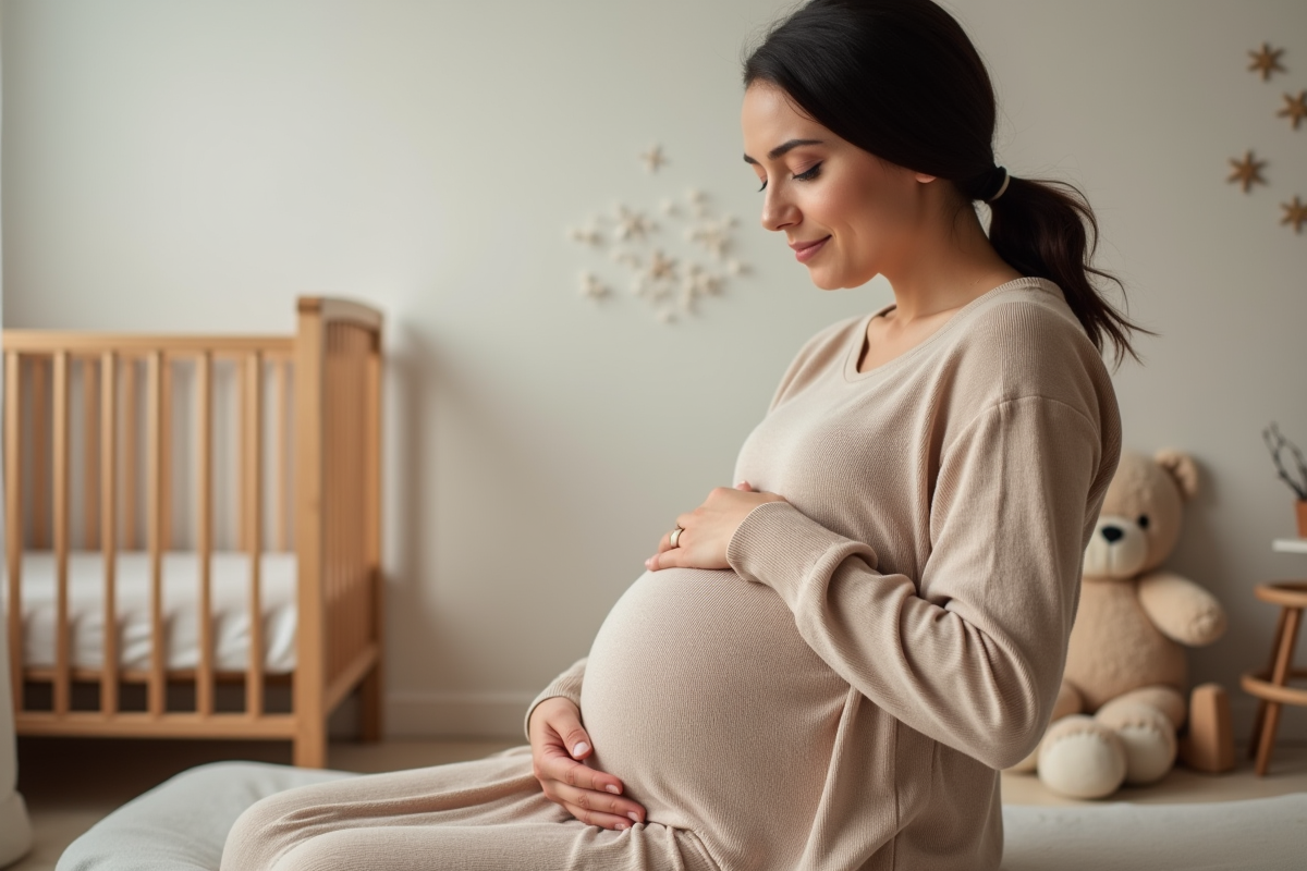 Femme enceinte dans un nursery paisible et chaleureux