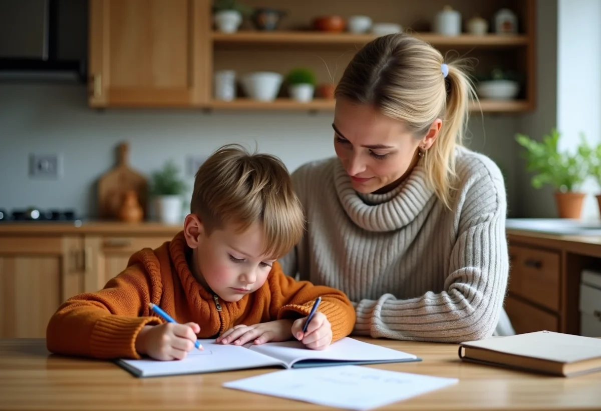 Femme et enfant faisant les devoirs à la maison