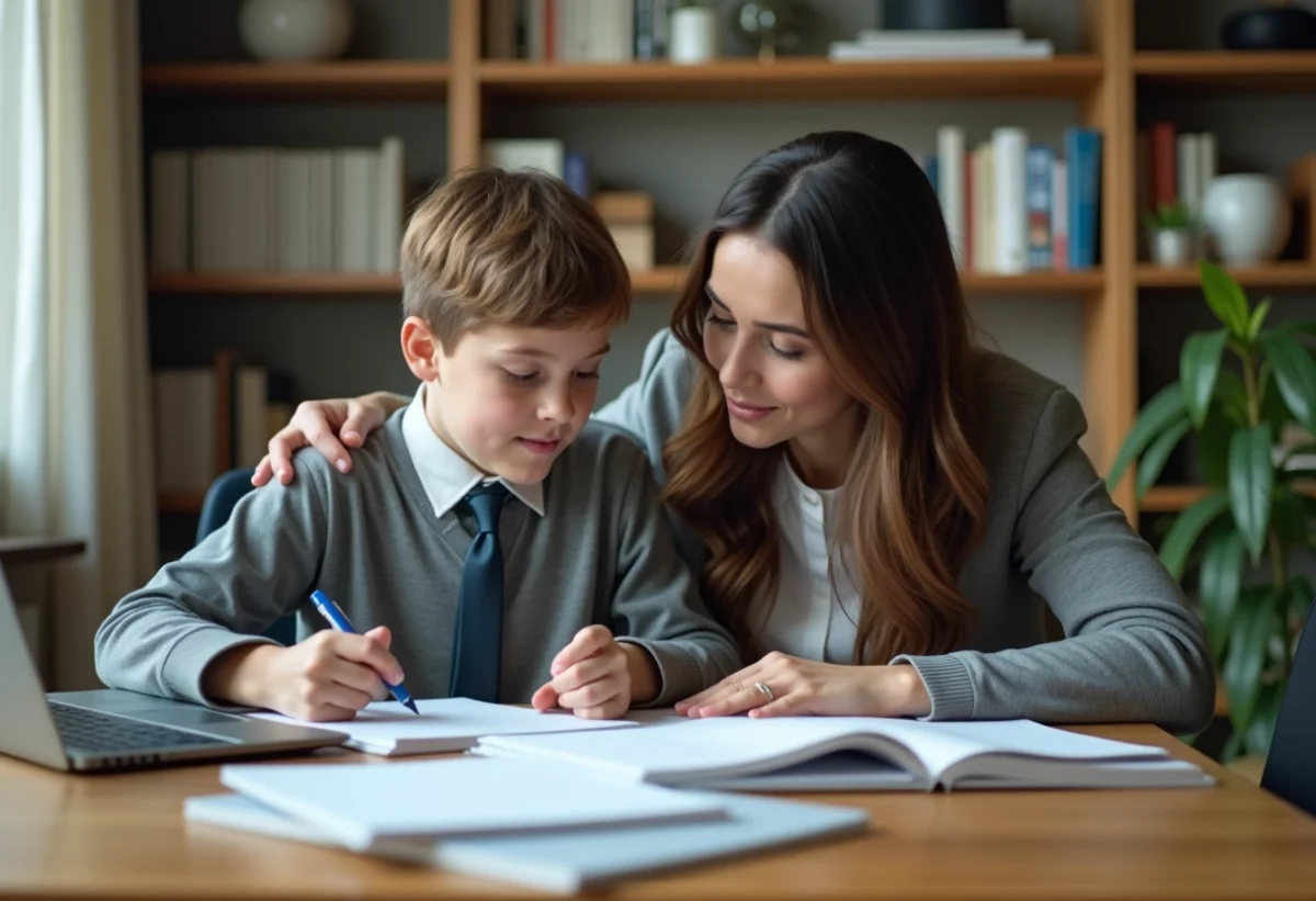 Femme en business casual aidant un adolescent à faire ses devoirs