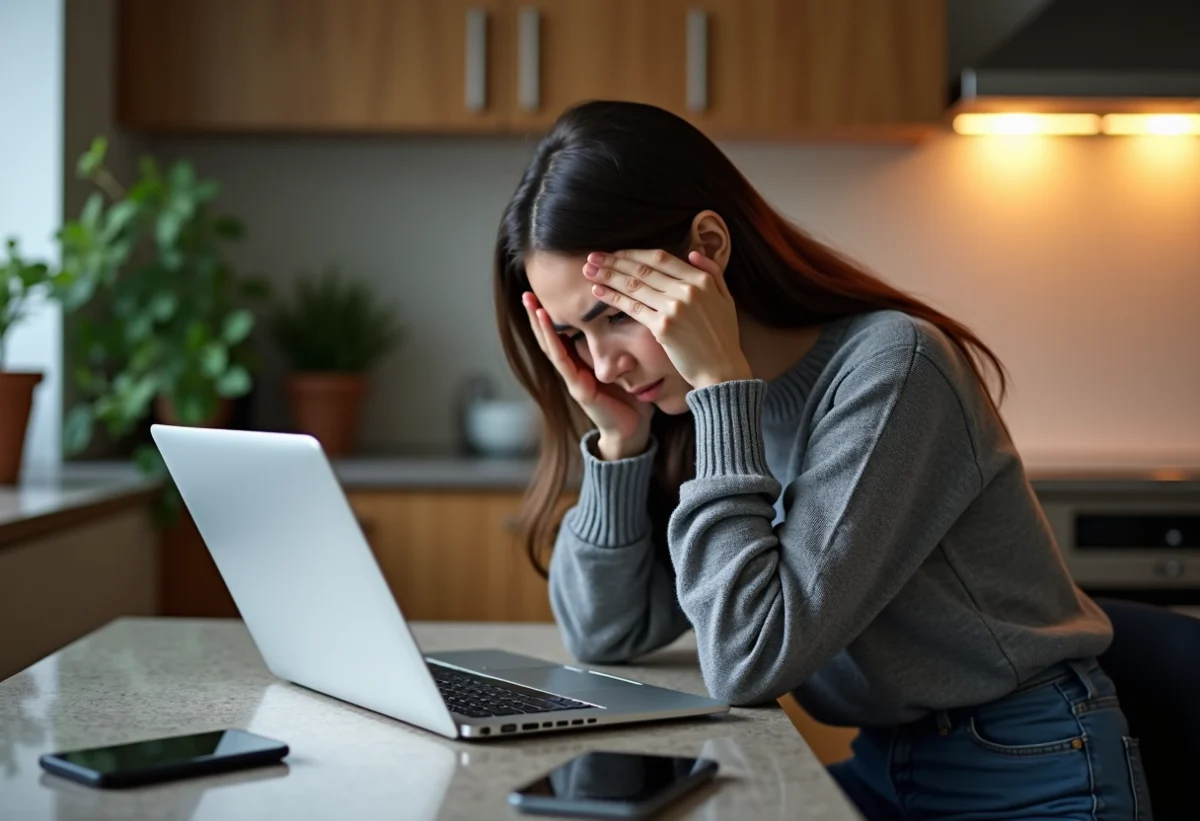 Jeune femme fatiguée devant son ordinateur dans la cuisine