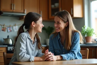Femme et fille discutent dans une cuisine modeste