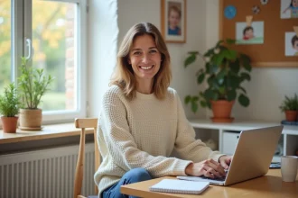 Femme souriante dans un bureau à domicile chaleureux