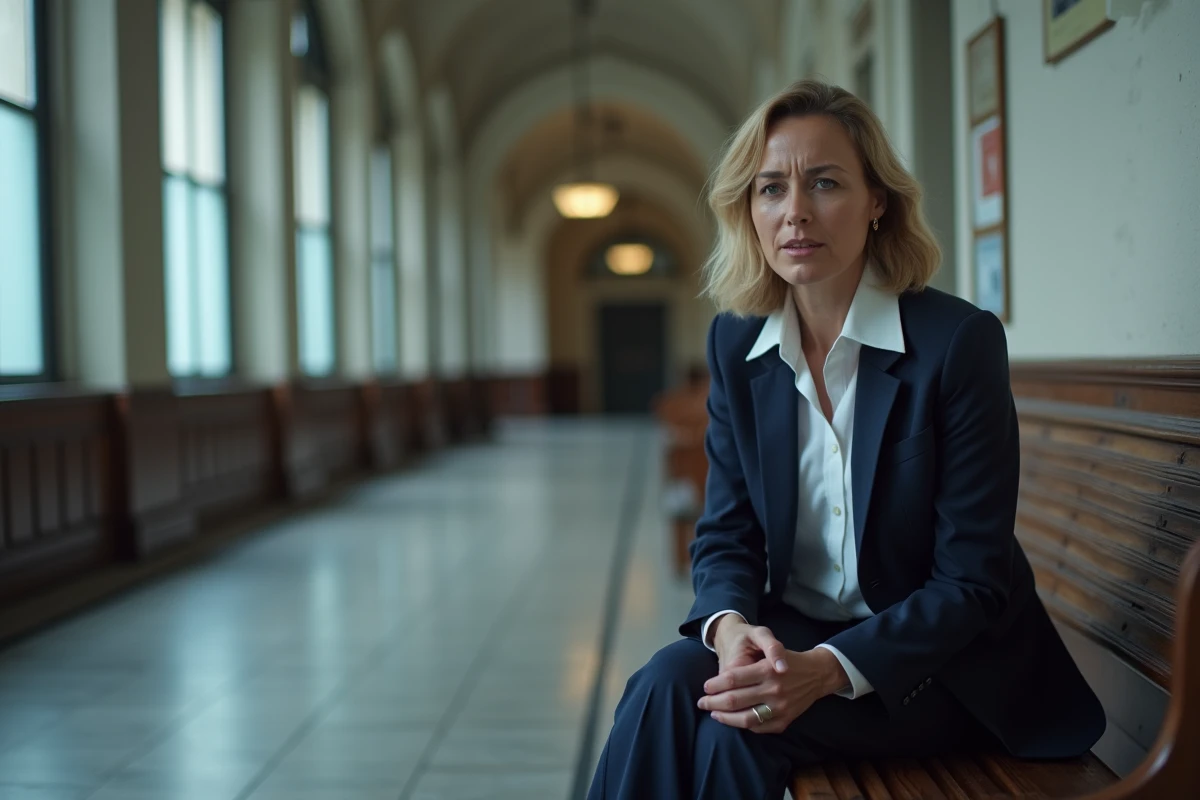 Femme inquiète assise dans un couloir de tribunal lors d'une procédure pour refus de visite médiatisée
