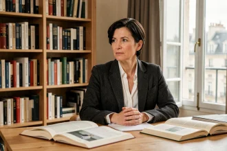 Femme journaliste et auteure dans un bureau parisien entouré de livres, évoquant l'univers d'Isabelle Saporta