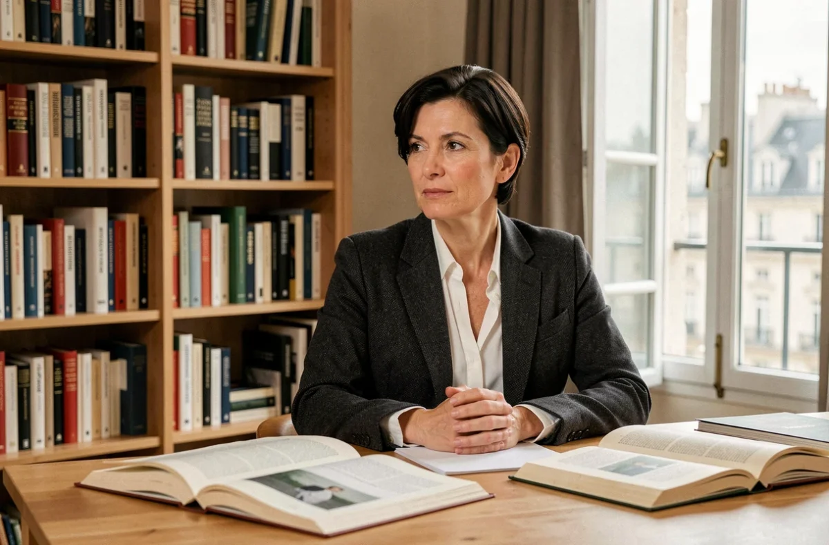 Femme journaliste et auteure dans un bureau parisien entouré de livres, évoquant l'univers d'Isabelle Saporta
