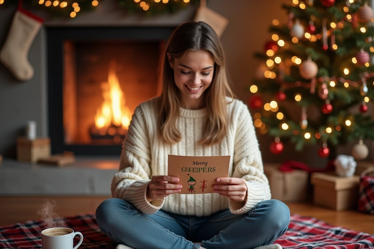 Femme lisant une lettre de lutin farceur près d'une cheminée décorée pour Noël
