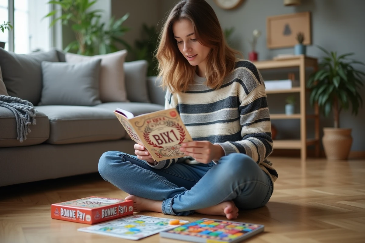 Jeune femme lisant le livret de règles du jeu Bonne Paye assis sur un parquet dans un appartement moderne