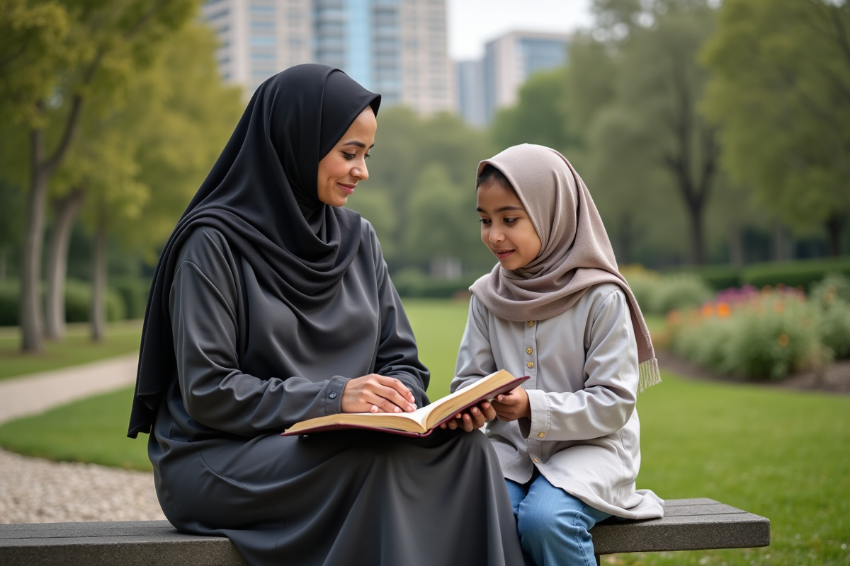 Femme musulmane et adolescente lisant le Coran en plein air