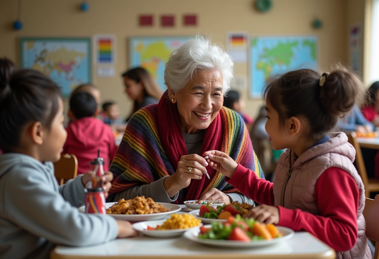 Femme âgée peignant le visage d un enfant avec un drapeau national