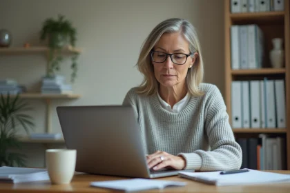 Femme d'une cinquantaine d'années naviguant sur le portail Mon Proxima à son bureau pour ouvrir un espace tutelle