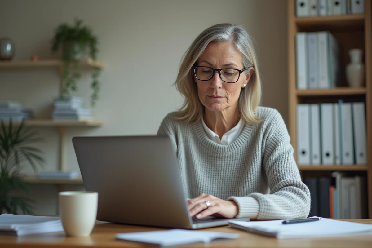Femme d'une cinquantaine d'années naviguant sur le portail Mon Proxima à son bureau pour ouvrir un espace tutelle