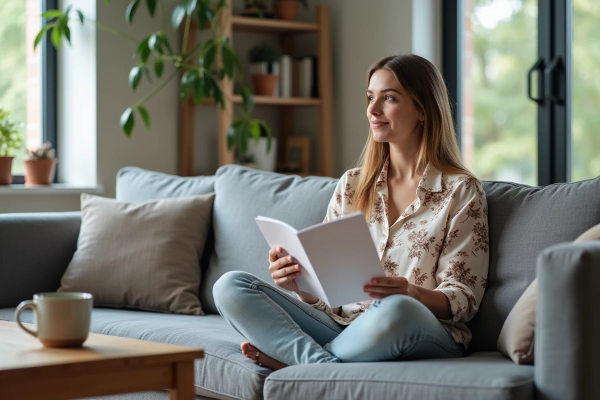 Une jeune femme réfléchit à un dossier d'adoption indépendante en consultant une brochure chez elle dans un salon moderne