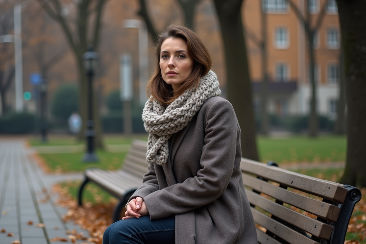 Femme pensive sur un banc dans un parc automnal