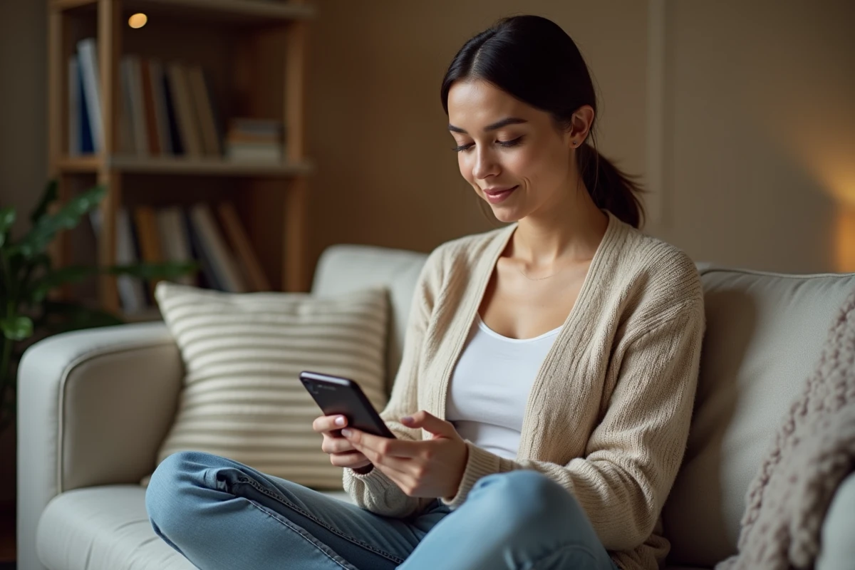 Femme lisant les résultats d'un test de compatibilité amoureuse sur son smartphone depuis son canapé