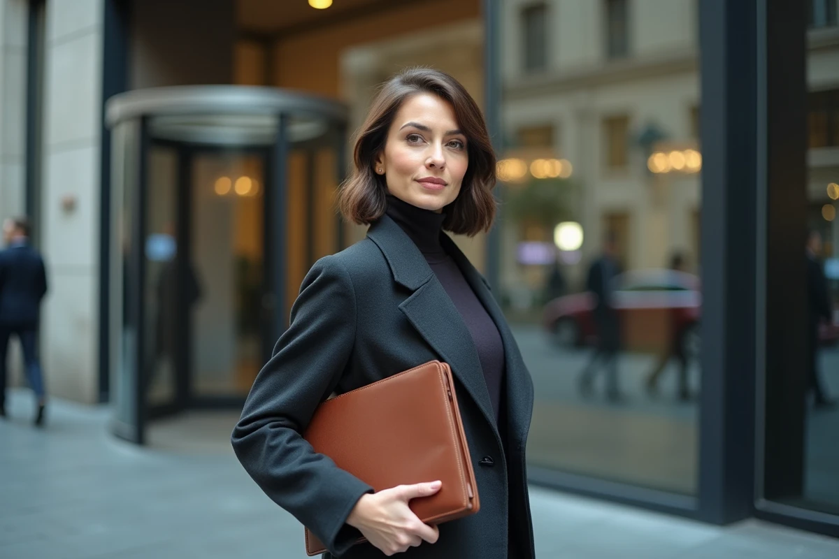 Femme reprenant son poste après un congé parental devant l'entrée de son lieu de travail avec son dossier de documents