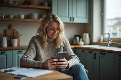 Femme d'&acirc;ge moyen utilisant son smartphone dans la cuisine
