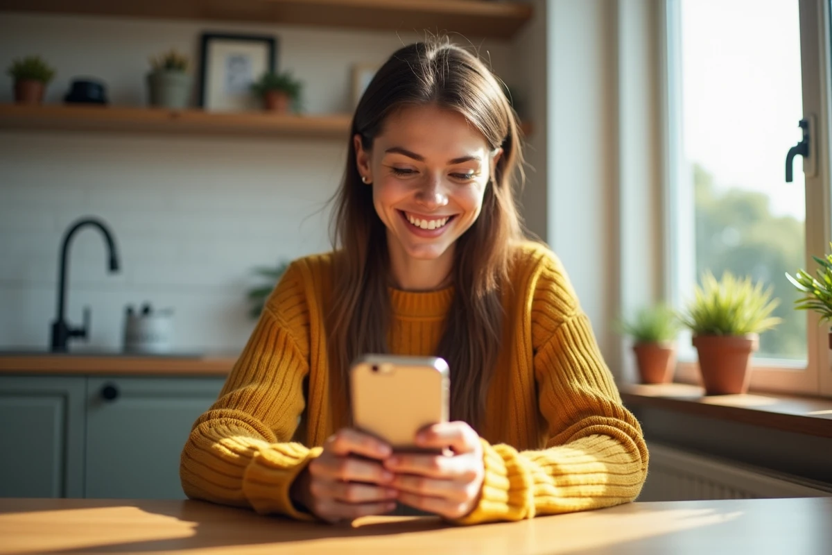 Femme souriante en sweater jaune utilisant son téléphone