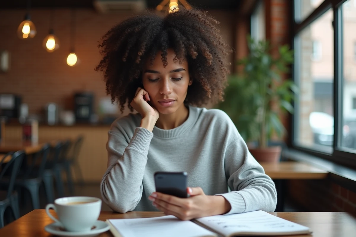 Jeune femme prenant des notes dans un café tout en vérifiant des informations sur les origines et les parents d'une personnalité médiatique via son smartphone