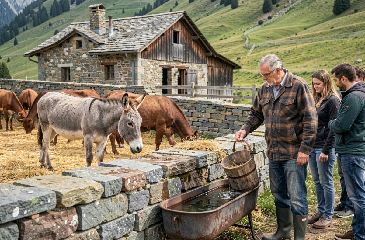 Agriculteur remplissant un abreuvoir en pierre pour les animaux à la Ferme Béridon à Seyne dans les Alpes-de-Haute-Provence