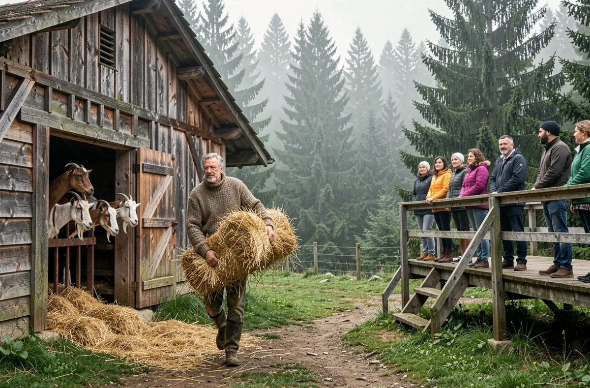 Homme portant une botte de foin vers une grange rustique à la Ferme pédagogique de l'Escaillon à Thorenc dans les Alpes-Maritimes