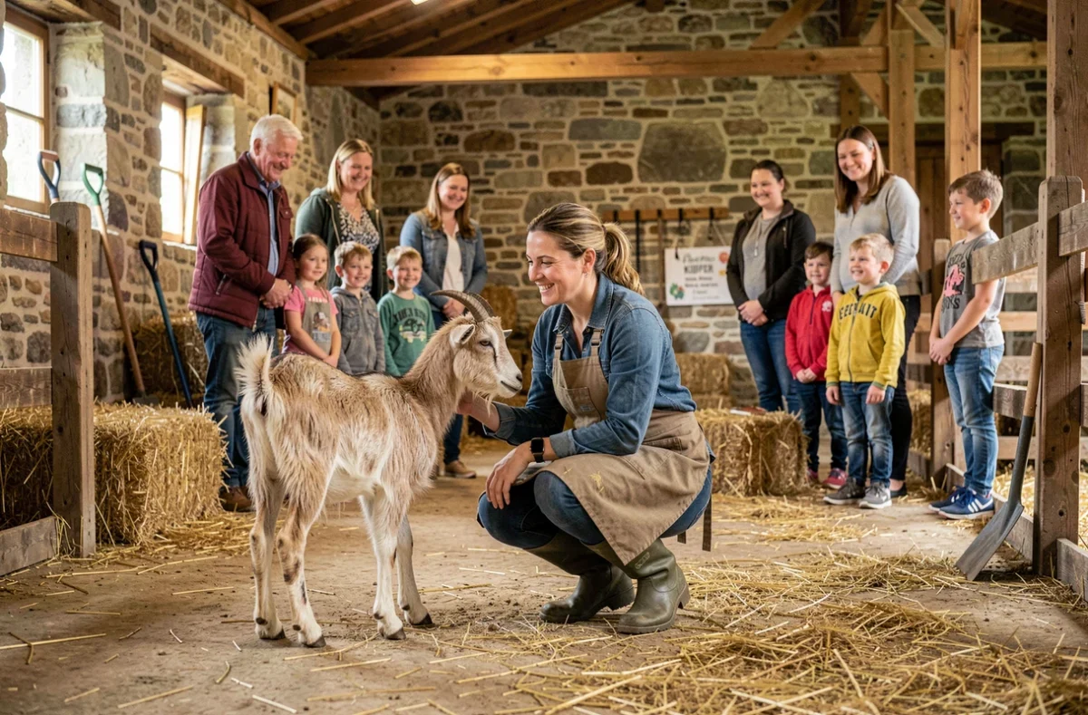 Guide de la Ferme Kieffer accroupie avec une chèvre lors d'un anniversaire pédagogique à Limersheim